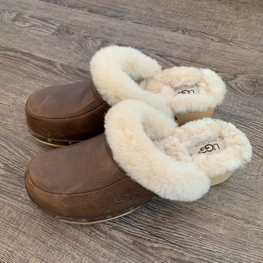 Ugg Kalie Brown Leather Fur Clogs